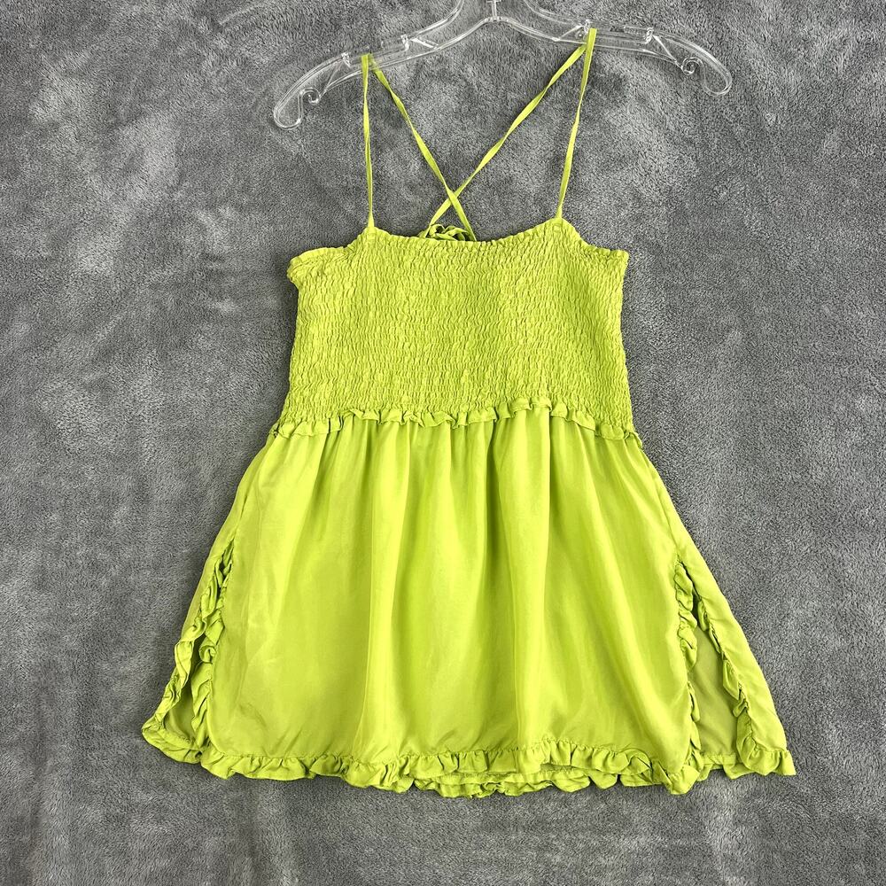 VTG Y2K‎ J Crew Fairy Cami Top Womens S 100% Silk Ruffle Green Smocked Coquette